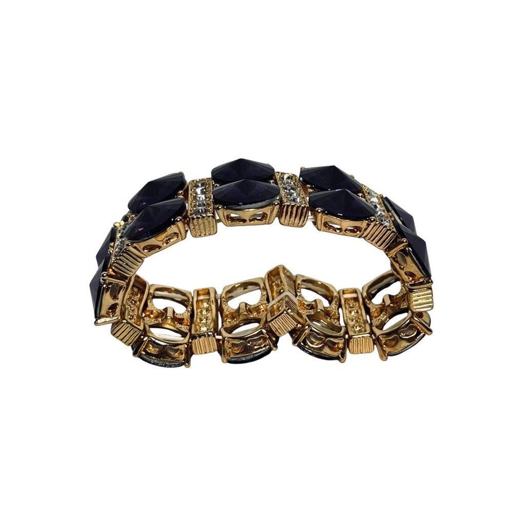 Gold Tone Clear Rhinestone And Purple Rivoli Stretch Bracelet (6243) - Picture 3 of 7